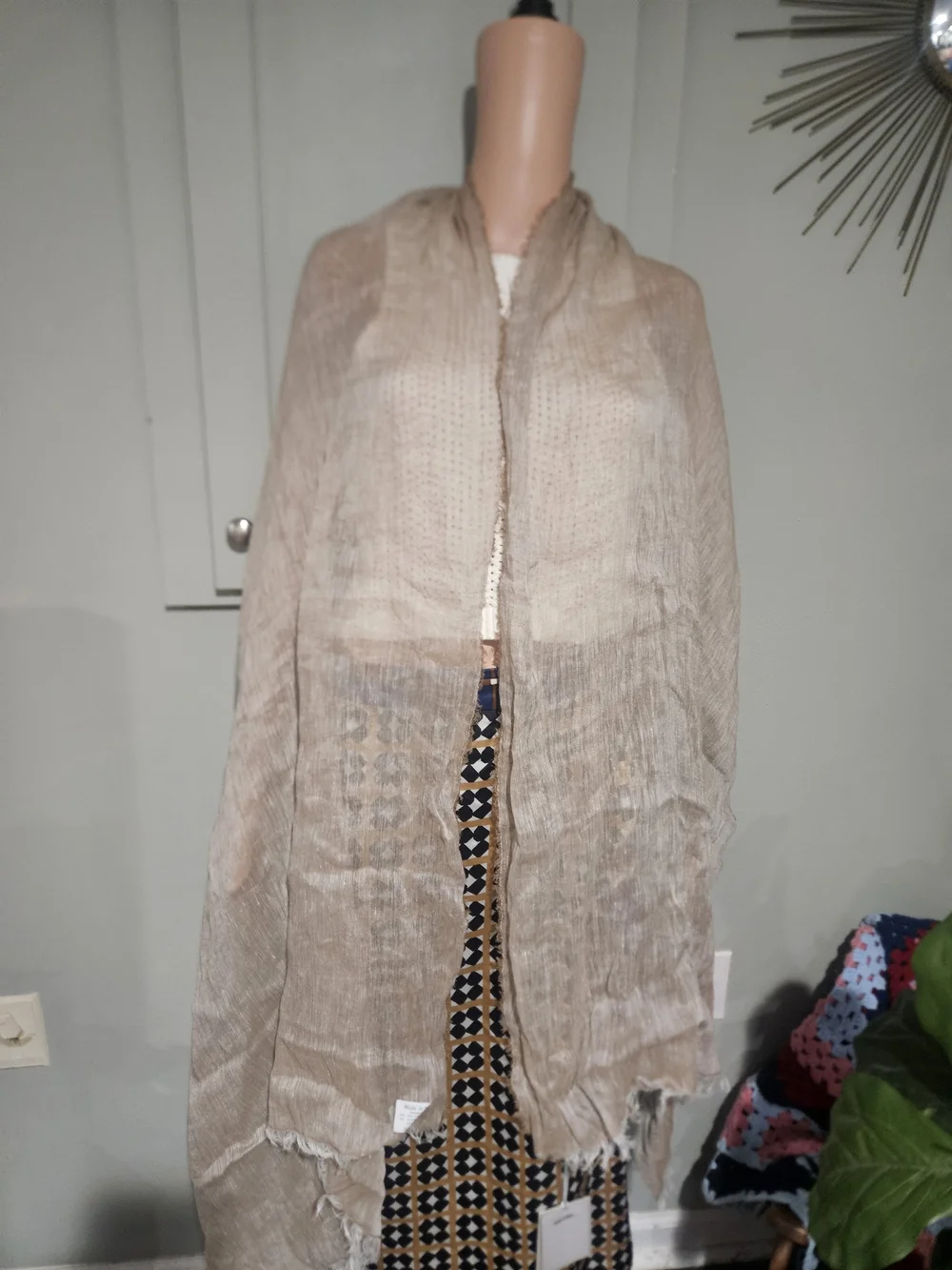 NWT Sandro Ferrone Made in Italy Linen Cotton Fringe Scarf Shawl Taupe Beige